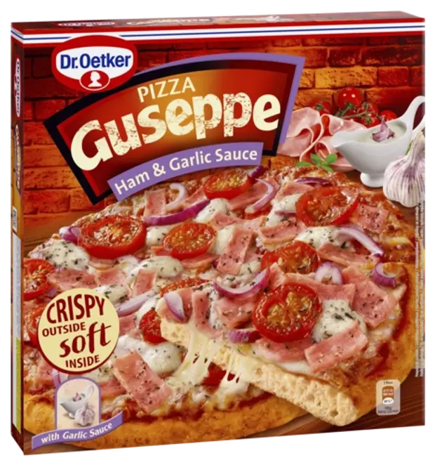 Dr. Oetker Pica Guseppe ar šķiņķi un ķiploku mērci, ātri sasaldēta.