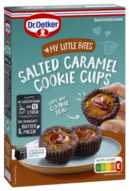 Dr. Oetker Miltu maisījums tumšo smilšu mīklas groziņu ar šokolādes un sāļās karameles pildījumu pagatavošanai