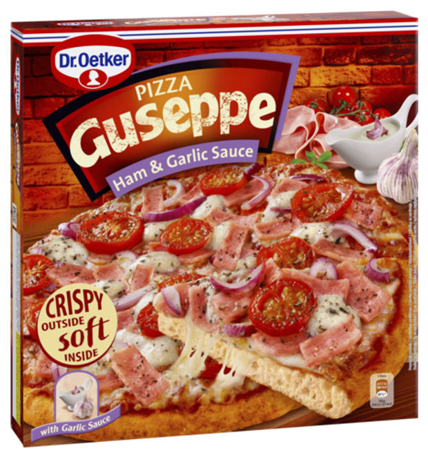 Dr. Oetker Pica Guseppe ar šķiņķi un ķiploku mērci, ātri sasaldēta.